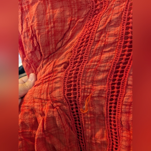 Women's Coral Plaid Textured Peplum Blouse Short Sleeve Tie Waist V Neck - Picture 9 of 10